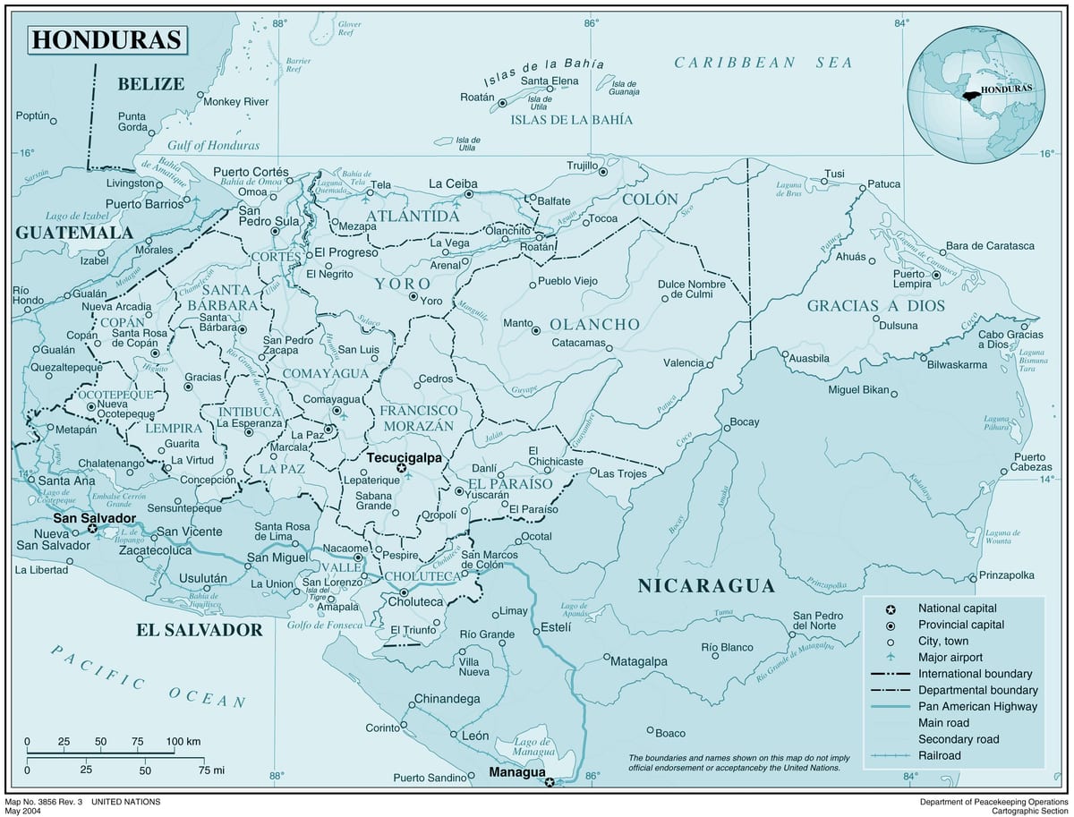 แผนที่ของทางกายภาพบนแผนที่ของฮอนดูรัส name